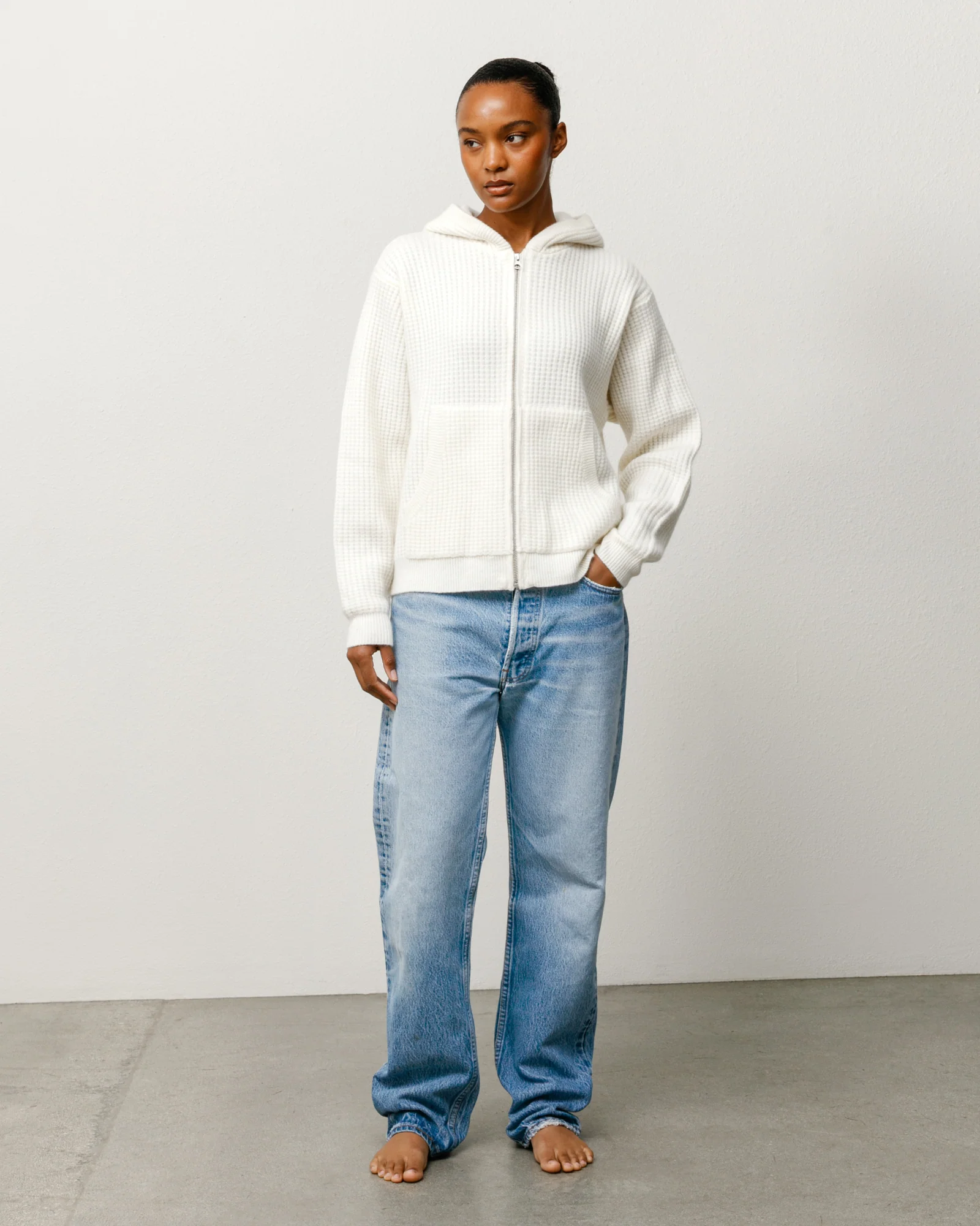 WAFFLE CASHMERE ZIP HOOD SWEATER